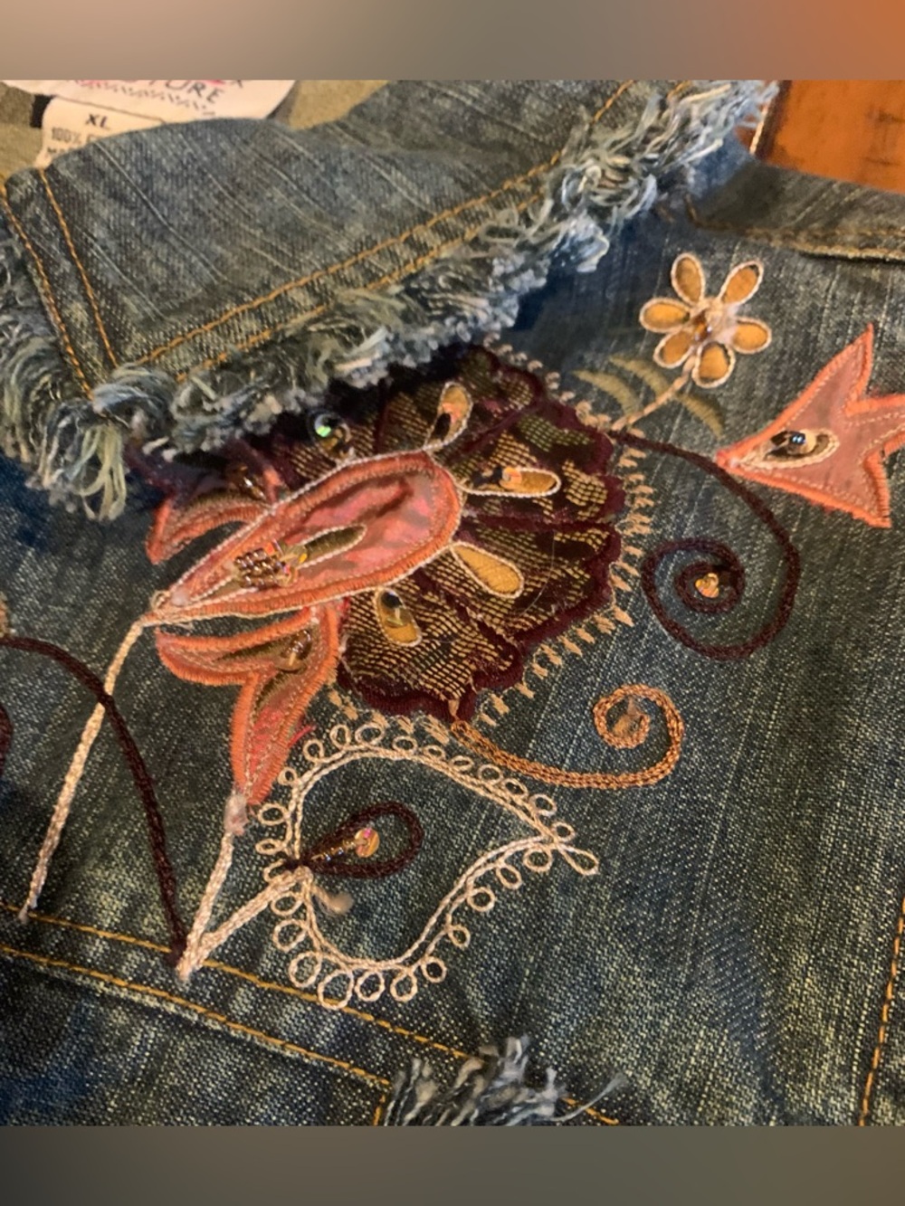 Vintage Boho Western Fringe Embroidered Denim Jean Jacket XL Floral Lace Beaded - Picture 3 of 11
